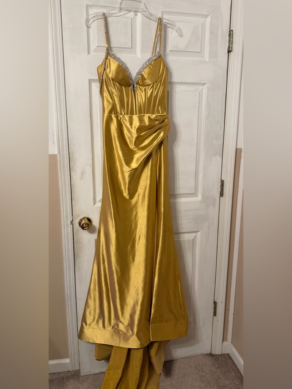 First Impressions Gold Satin Evening Gown with Embellished Straps